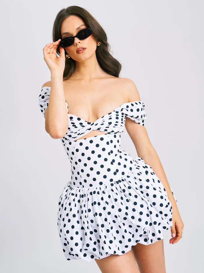 Bubble Hem Dress - Womens White Polka Dot Bubble Mini Dress