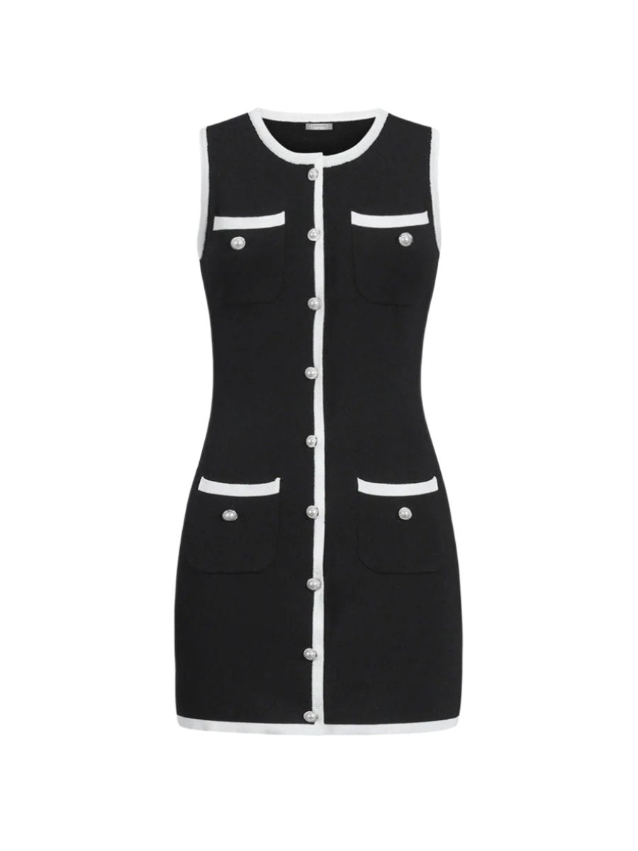 Harlow Buttoned Sleeveless Sweater Dress, black knit with button front, dual pockets, for versatile and chic style.