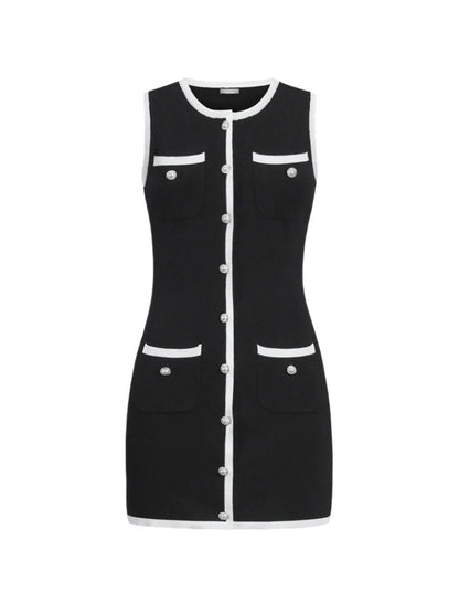 Harlow Buttoned Sleeveless Sweater Dress, black knit with button front, dual pockets, for versatile and chic style.