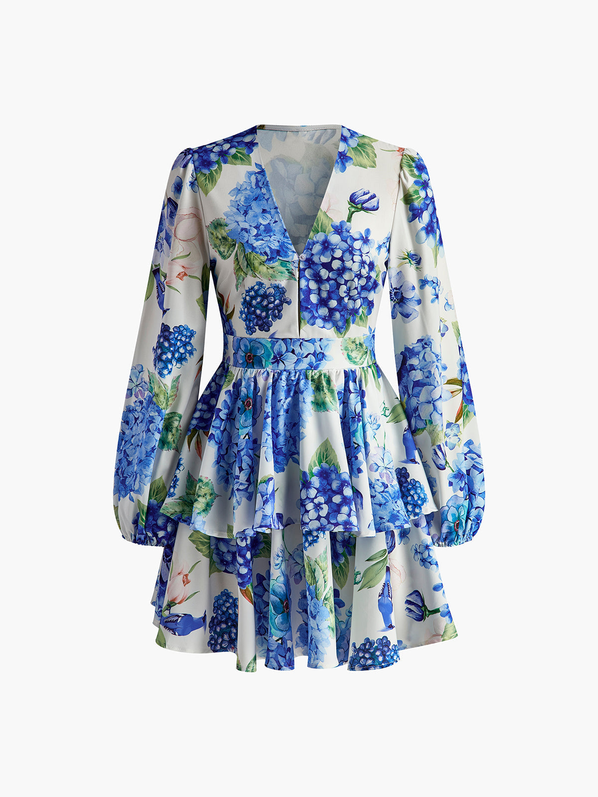 Lark Bubble Sleeve Dress with floral print and V-neckline.