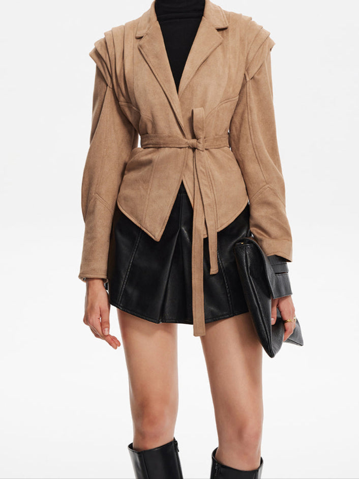 Belted Blazer - Women’s Long Sleeve Tie-Waist Suade Short jacket