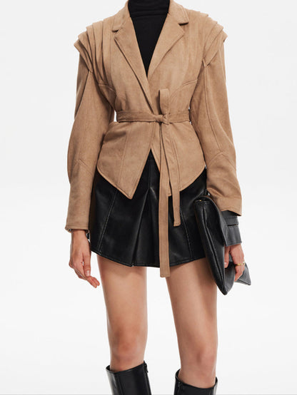 Belted Blazer - Women’s Long Sleeve Tie-Waist Suade Short jacket