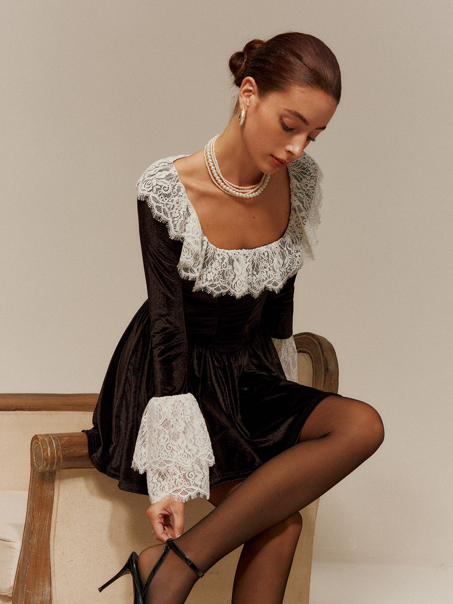 Velvet Long Sleeve Mini Dress - Women's Lace Trim Holiday Mini Dress