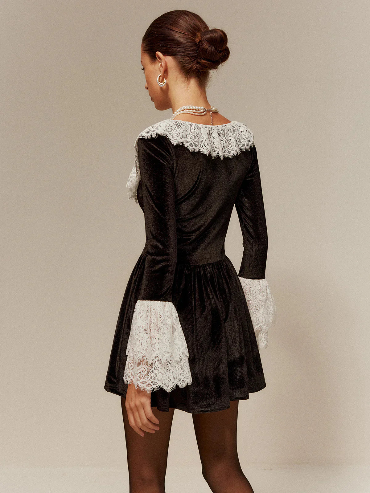 Velvet Long Sleeve Mini Dress - Women's Lace Trim Holiday Mini Dress