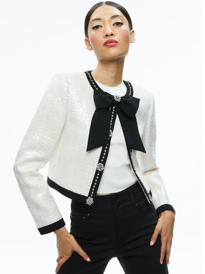 Isolde Sequined Jacket - Women's Cropped Rhinestone Trim Sequined Jacket