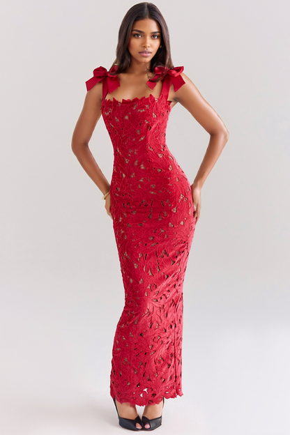 Elegant Celestine Lace Holiday Maxi Dress with V-neckline and intricate lace design.