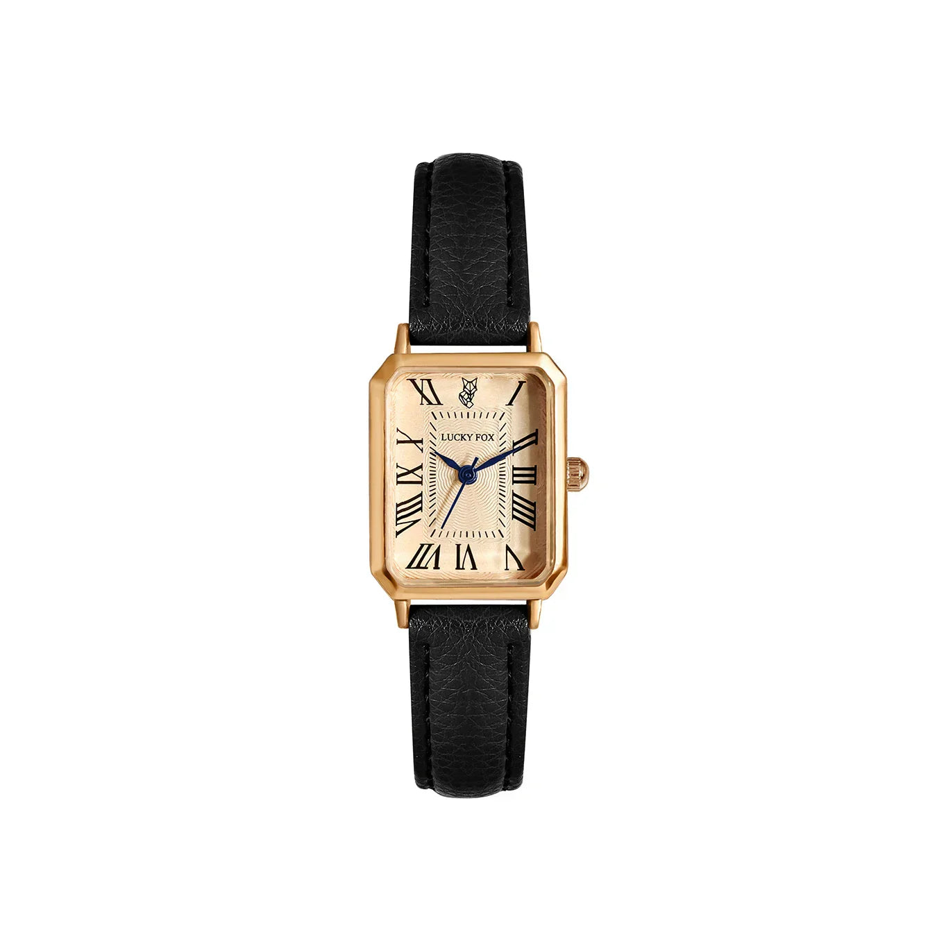 Octavia Square Face Leather Banded Watch with Roman numerals and black leather strap.