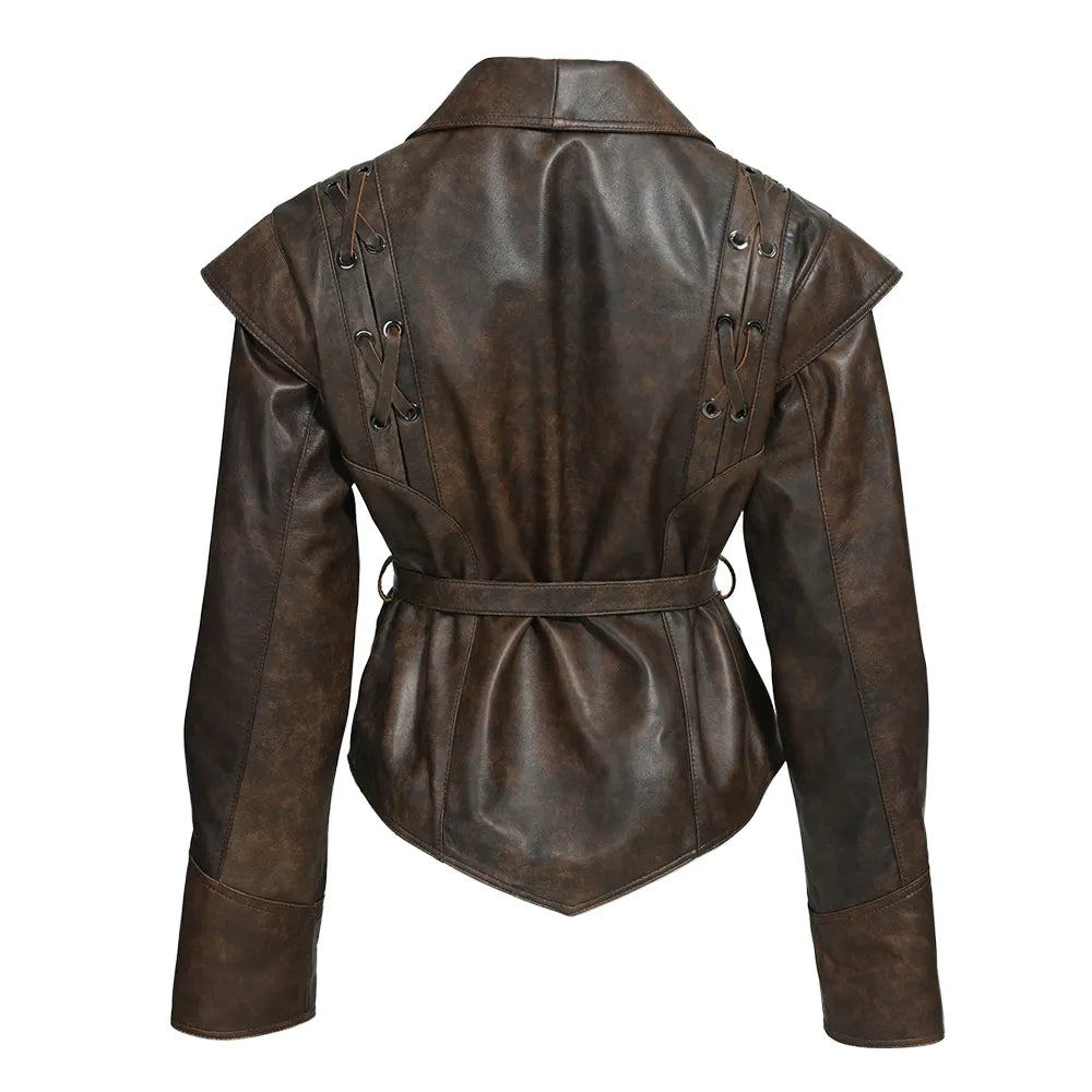 Short Leather Jacket - Women’s Belted Faux Leather Belted Jacket