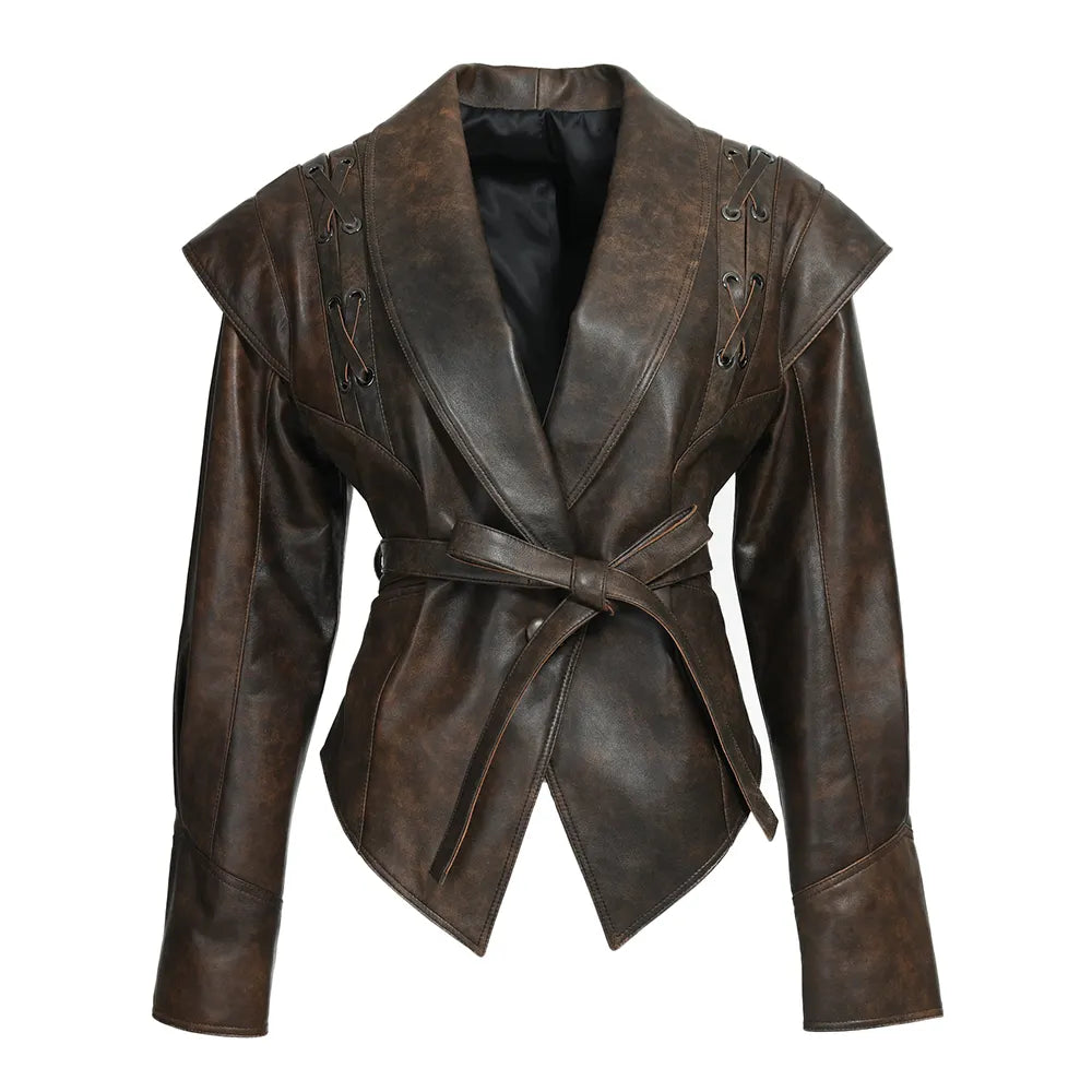 Short Leather Jacket - Women’s Belted Faux Leather Belted Jacket