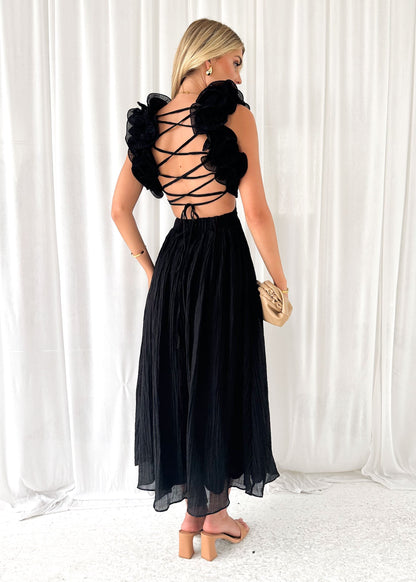 Wedding Guest Maxi Dress - Womens Lace Back V Neck Ruffle Maxi Dress