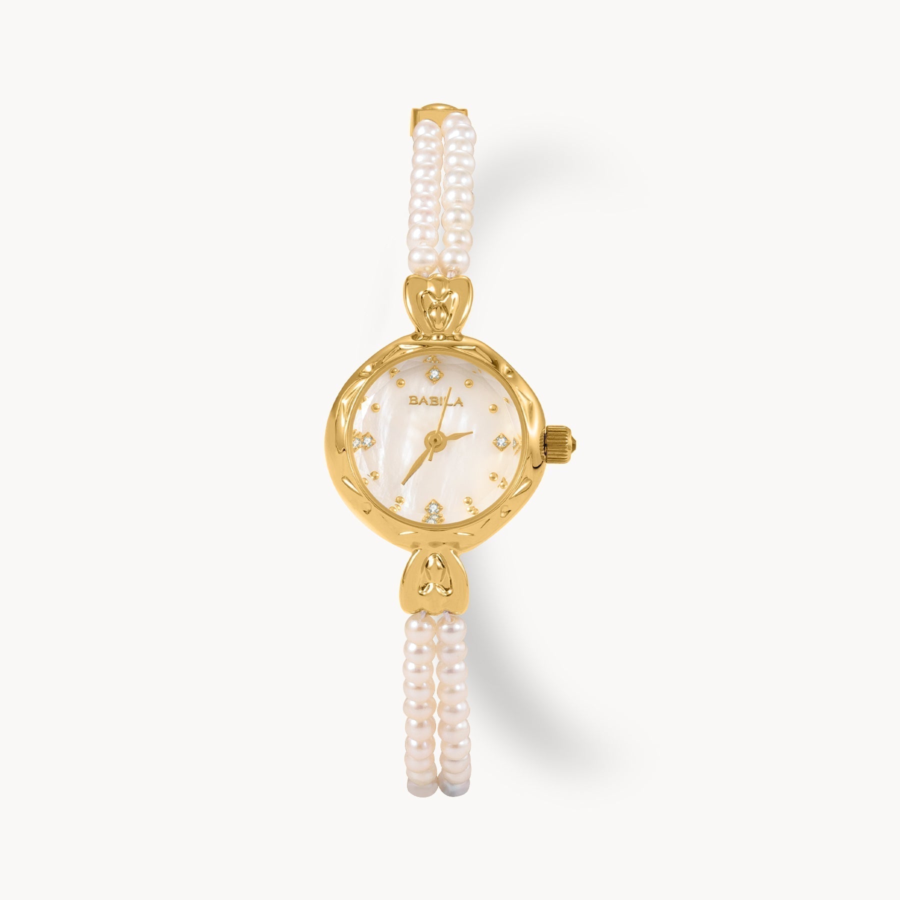 Pearl Virtue Vintage Styled Watch with double-strand pearl bracelet and gold-tone case.