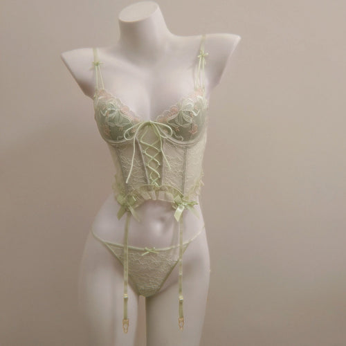 Seraphina Lace Bustier vintage Lingerie Set with floral embroidery and ribbon accents on a mannequin.