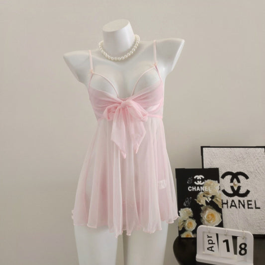 Luna Sheer Bow-Tied Vintage Babydoll Dress on display mannequin with pearl necklace.