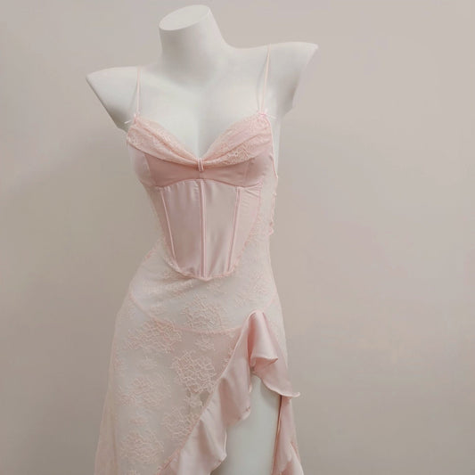 Verona Lace Asymmetrical Vintage Slip Dress with soft blush lace, cascading ruffles, and adjustable spaghetti straps.