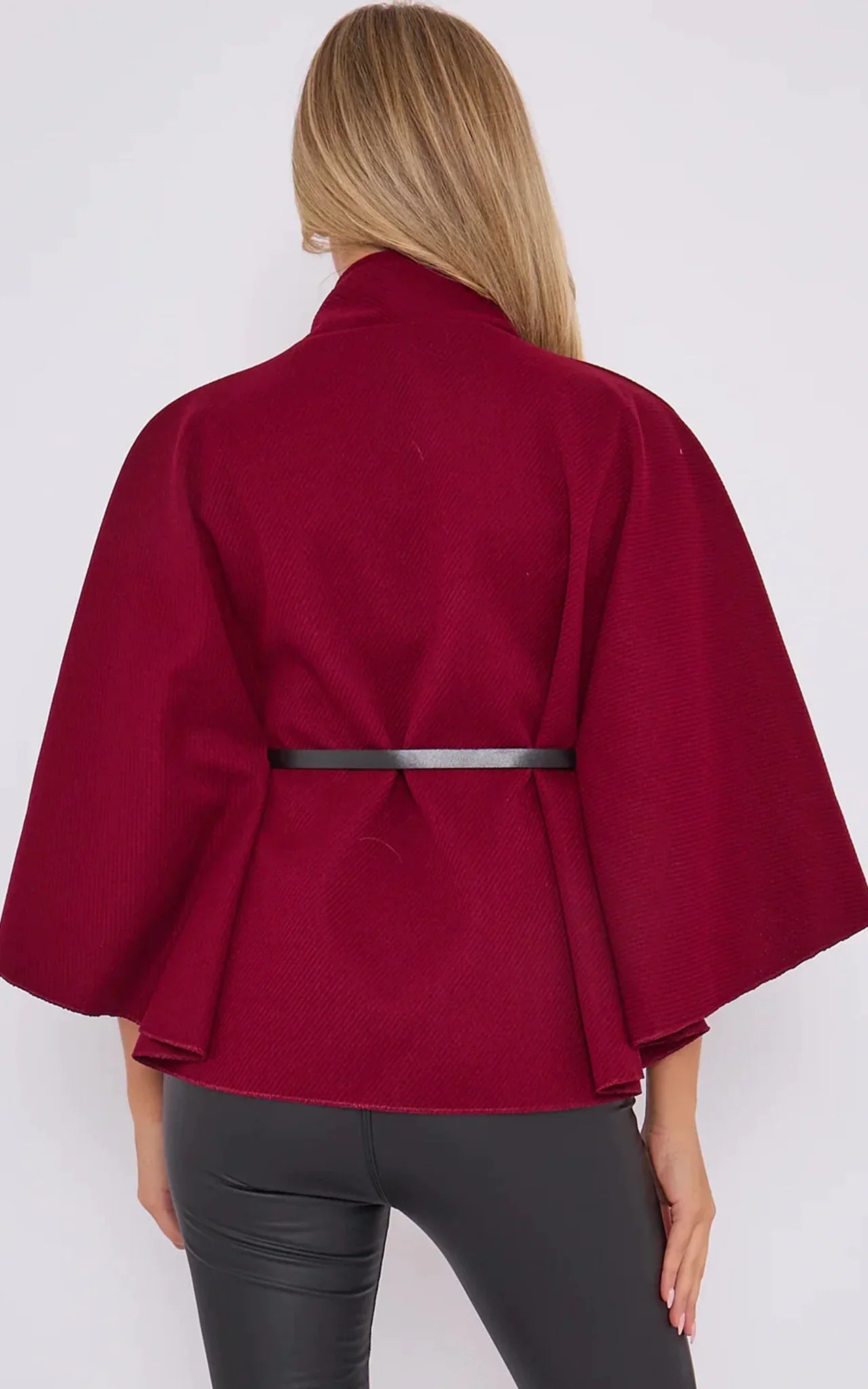 Belted Cape Coat - Women's High-Neck Buttoned Wool Cape with Waist Belt