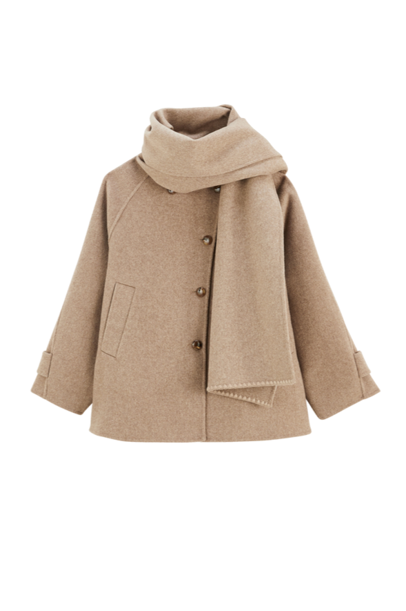 Scarf Coat - Women’s Buttoned Long Sleeve Wool Scarf Coat