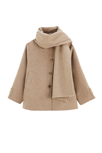 Scarf Coat - Women’s Buttoned Long Sleeve Wool Scarf Coat