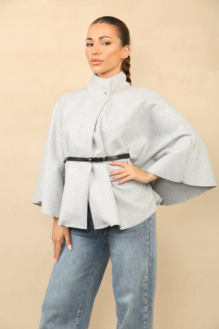 Belted Cape Coat - Women's High-Neck Buttoned Wool Cape with Waist Belt