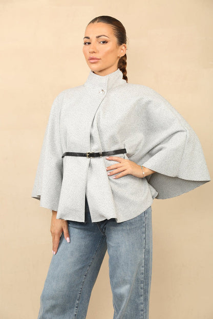 Belted Cape Coat - Women's High-Neck Buttoned Wool Cape with Waist Belt