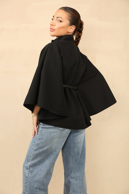 Belted Cape Coat - Women's High-Neck Buttoned Wool Cape with Waist Belt