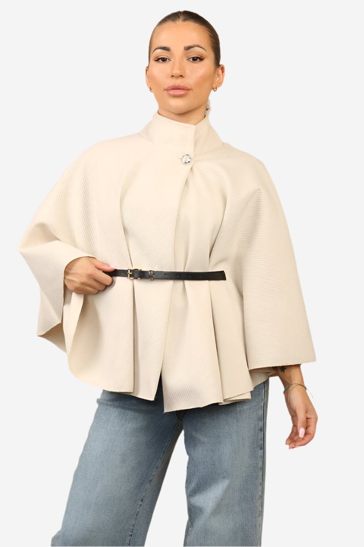 Olivia Belted Cape Coat offering chic silhouette and warmth.