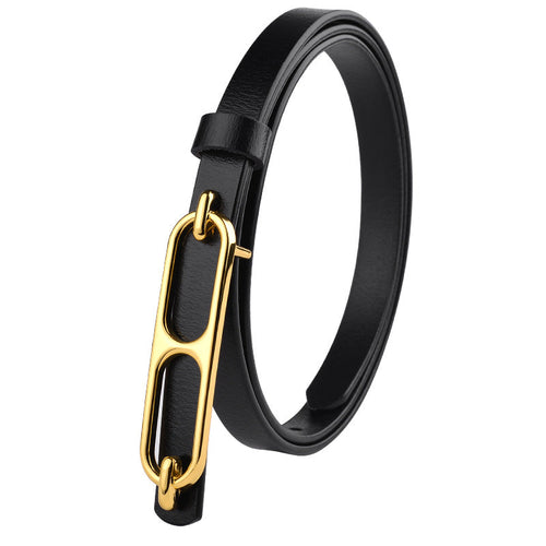 Ladies slim belt in black leather with a polished gold buckle.