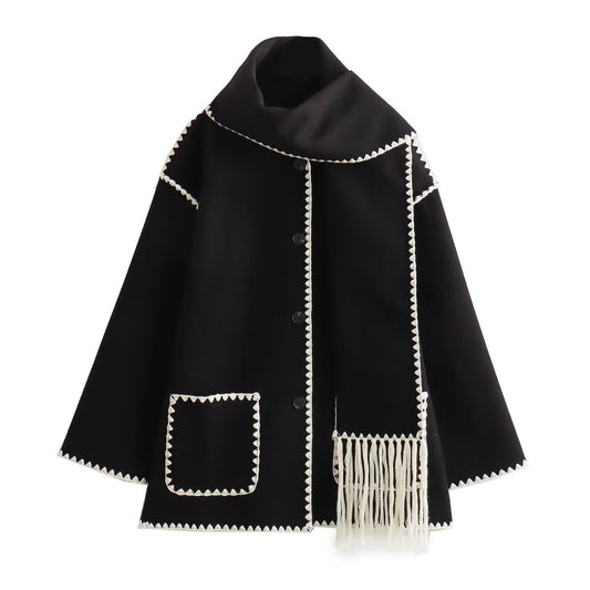 Kiyana Embroidery Trim Scarf Coat