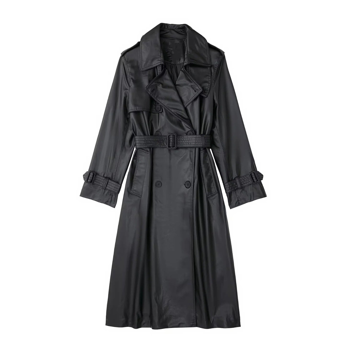 Black leather trenchcoat with double-breasted design and adjustable belt.