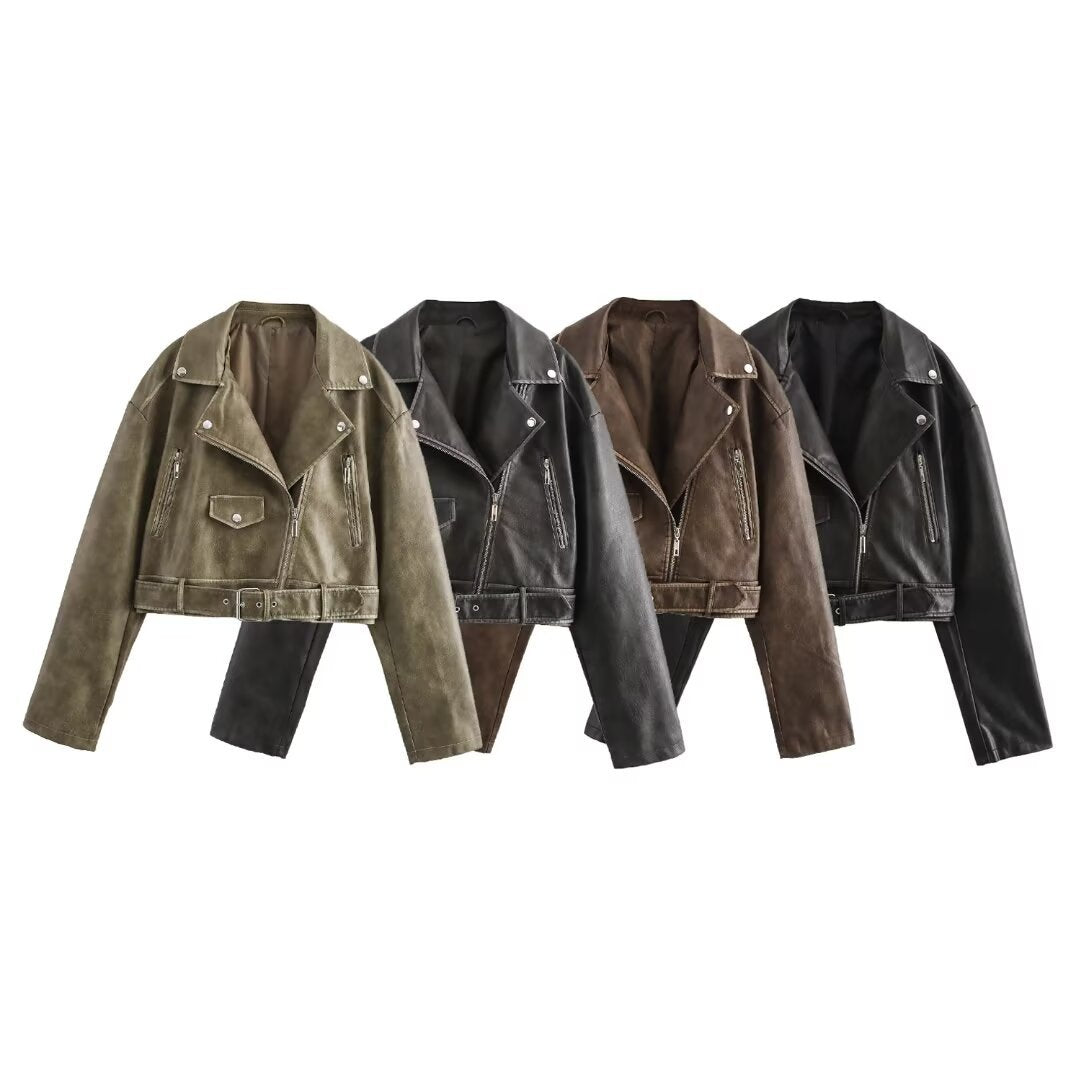 Cropped Leather Jacket - Women’s Short Moto-Style Zippered Leather Jacket