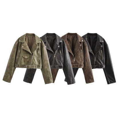 Cropped Leather Jacket - Women’s Short Moto-Style Zippered Leather Jacket