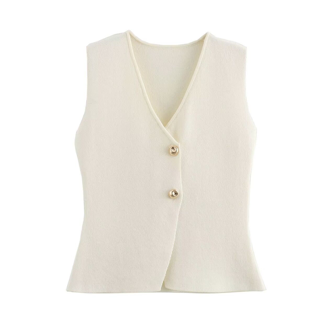 Sleeveless button-up shirt with metallic buttons in cream.