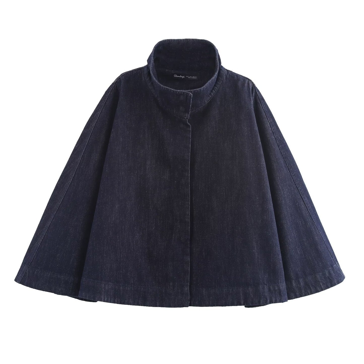 Denim Cape Coat - Women’s Button-Up A-Line Flared Denim Cape Coat