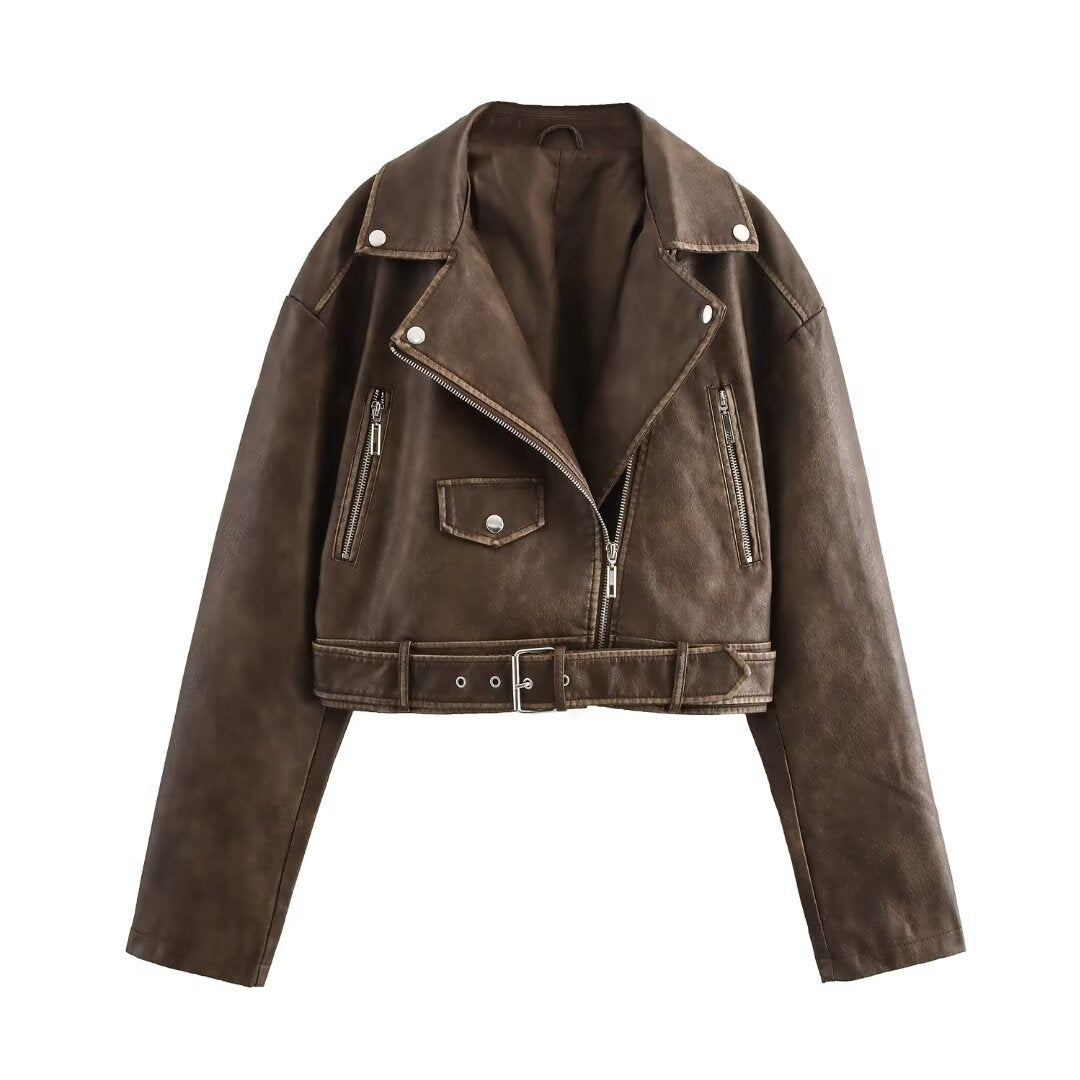 Cropped Leather Jacket - Women’s Short Moto-Style Zippered Leather Jacket