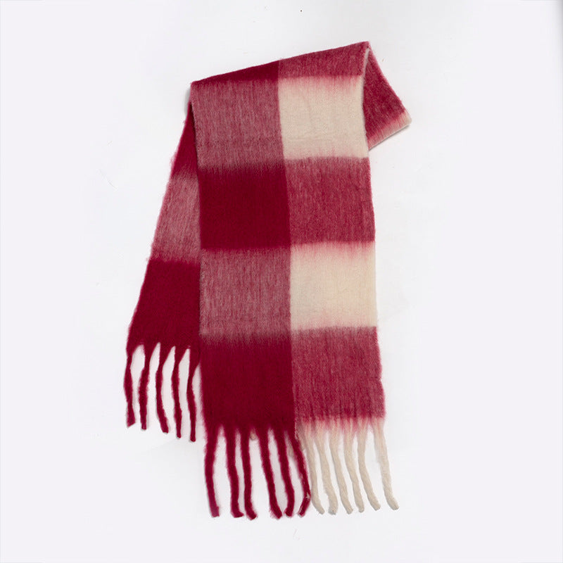 Plaid Scarf - Women's Oversized Plaid Fringed Two-Tone Chunky Scarf