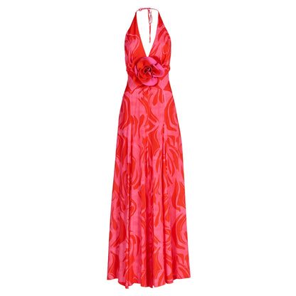 Vibrant rose halter maxi dress with plunging neckline and 3D floral applique.