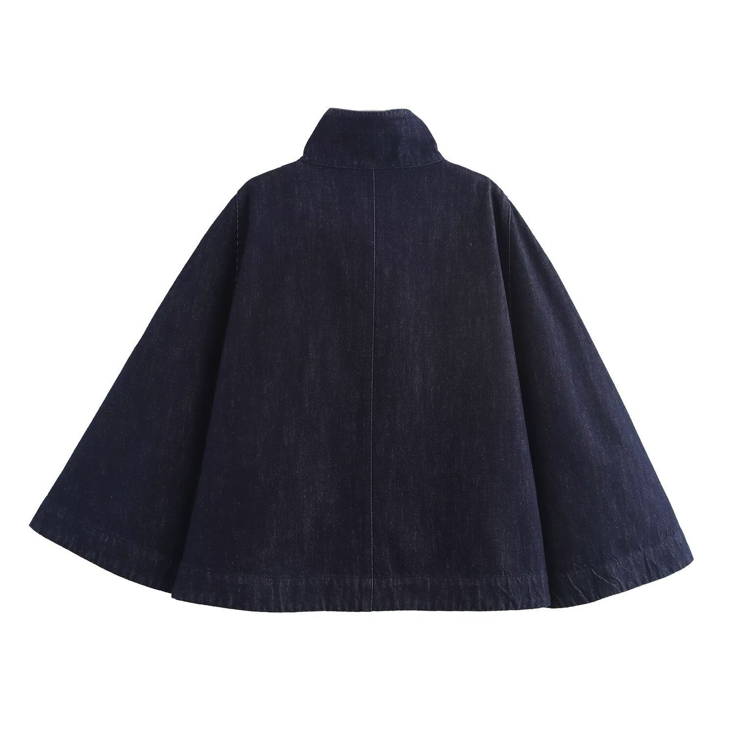 Denim Cape Coat - Women’s Button-Up A-Line Flared Denim Cape Coat