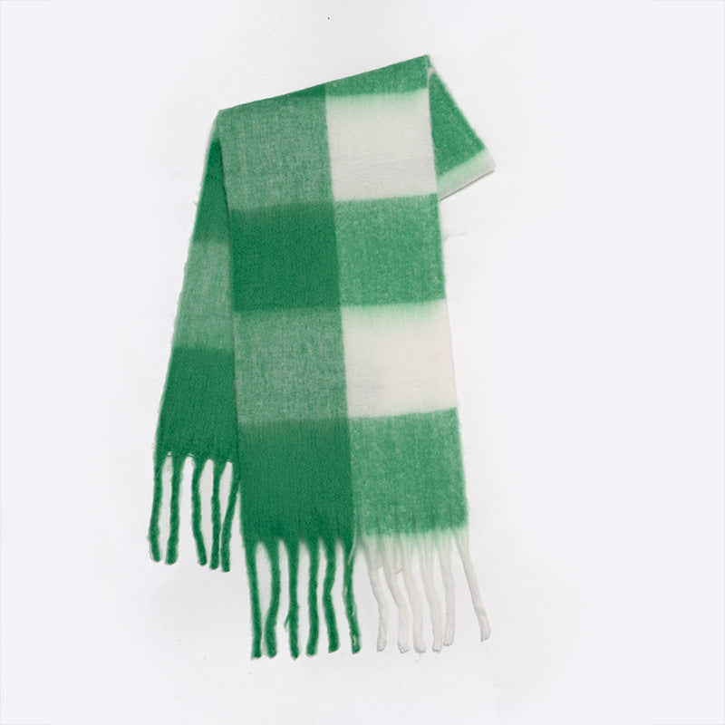 Plaid Scarf - Women's Oversized Plaid Fringed Two-Tone Chunky Scarf