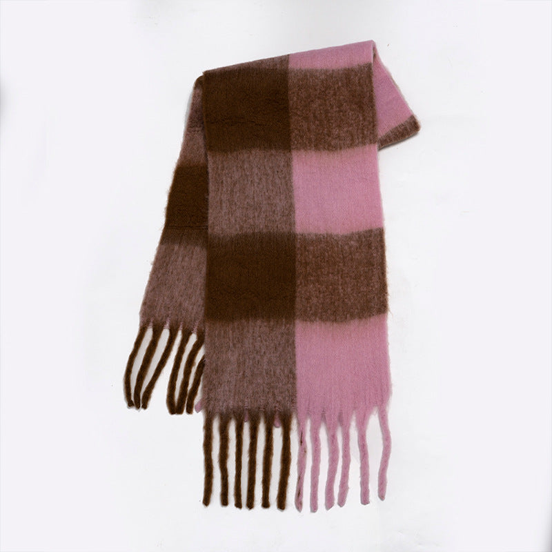 Plaid Scarf - Women's Oversized Plaid Fringed Two-Tone Chunky Scarf