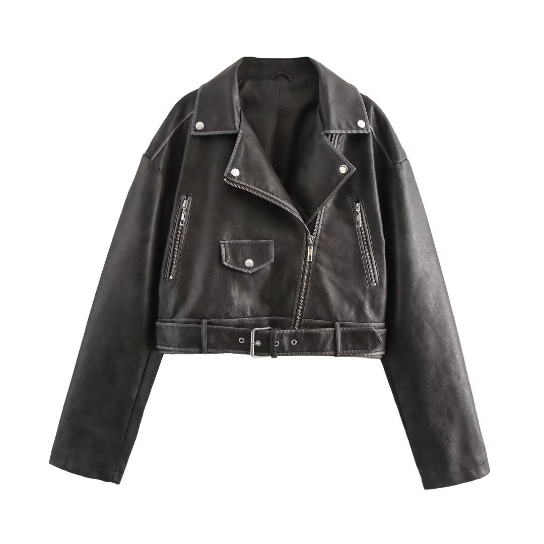 Cropped Leather Jacket - Women’s Short Moto-Style Zippered Leather Jacket