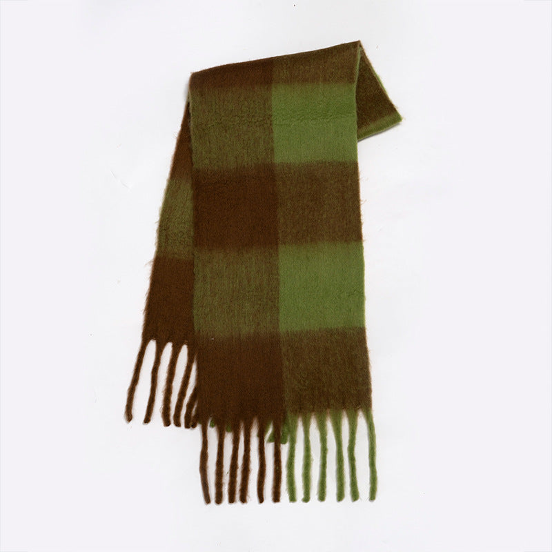 Plaid Scarf - Women's Oversized Plaid Fringed Two-Tone Chunky Scarf