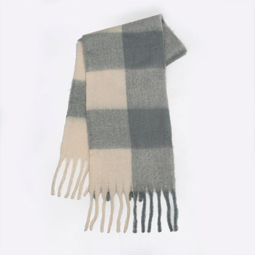 Plaid Scarf - Women's Oversized Plaid Fringed Two-Tone Chunky Scarf