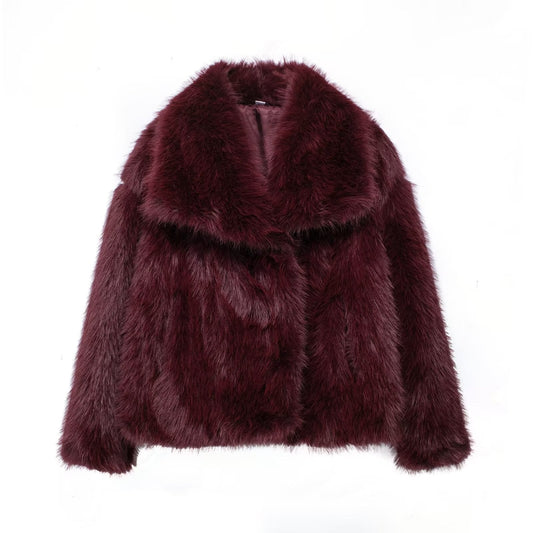 Burgundy faux fur jacket with oversized lapel collar and luxurious texture.