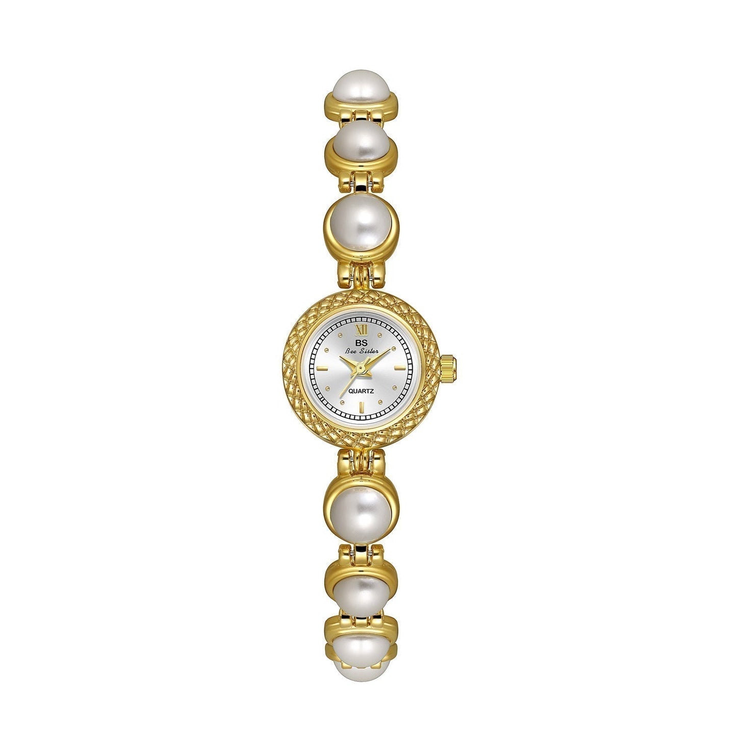 Vintage styled watch with gold-tone finish and pearl-like accents.