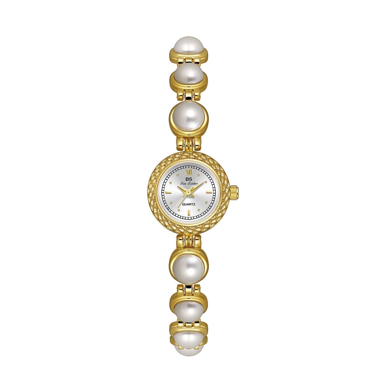 Vintage styled watch with gold-tone finish and pearl-like accents.