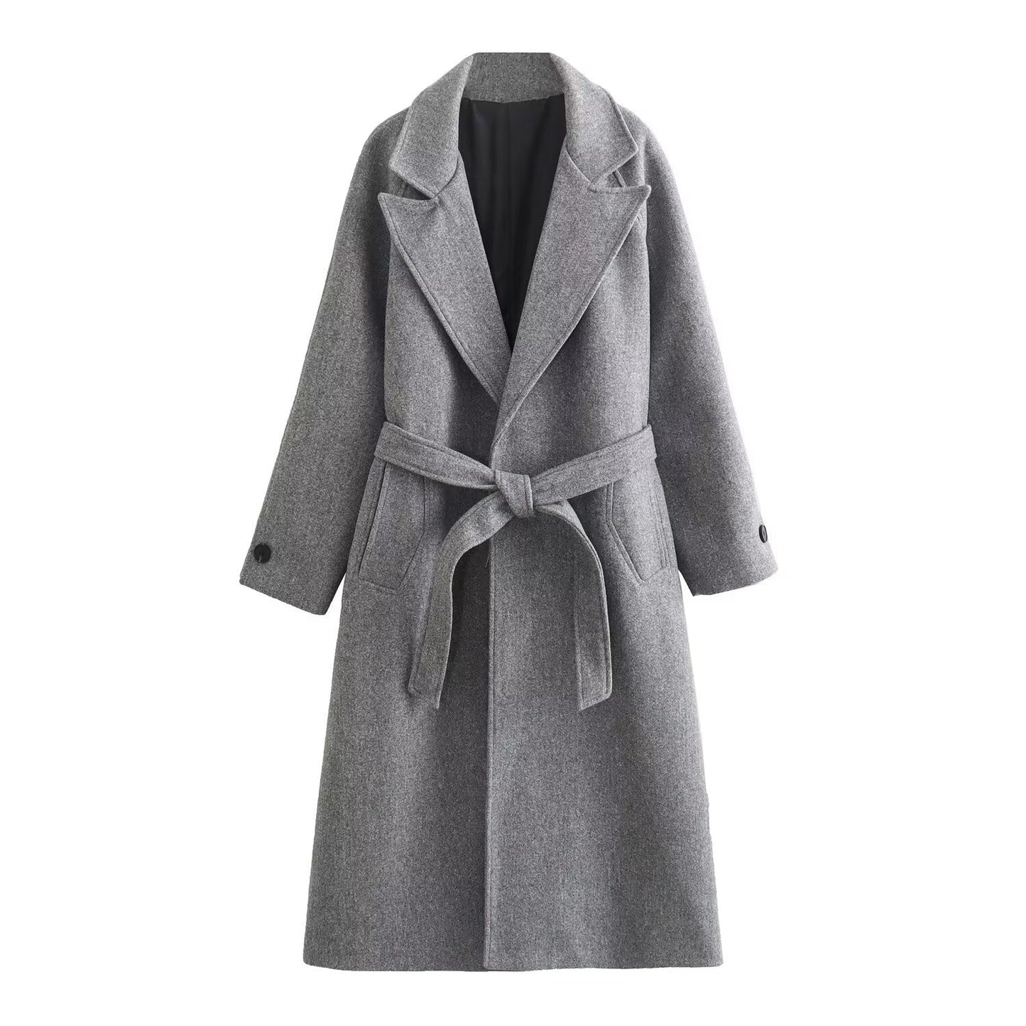 Evelina long belted wool blend coat in grey with notched lapels and adjustable waist belt.