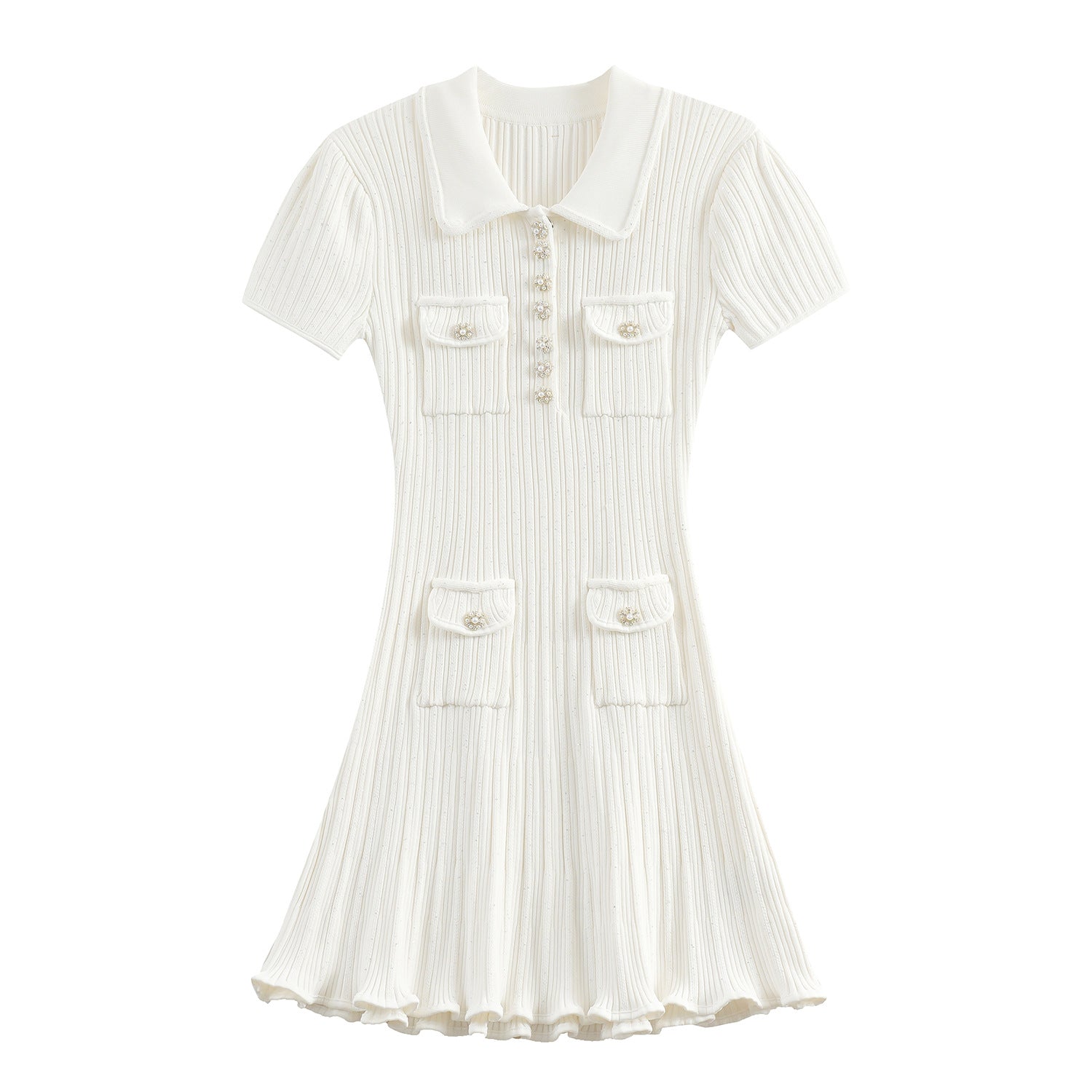 Clara Knit Mini Dress with ribbed texture, collared neckline, pearl-accented buttons, and front pockets in soft neutral tone.