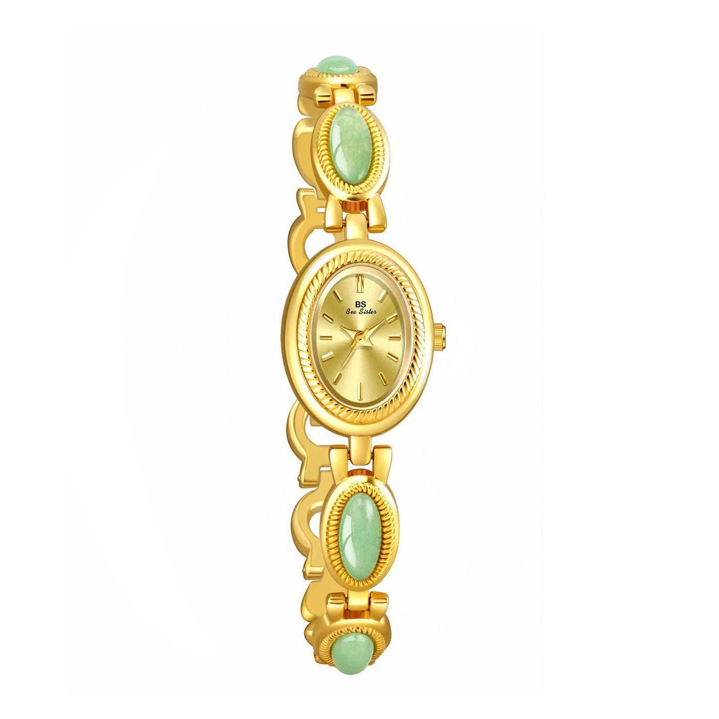 Gilded Eternity dainty vintage watch with gold-tone bezel and green stone accents.