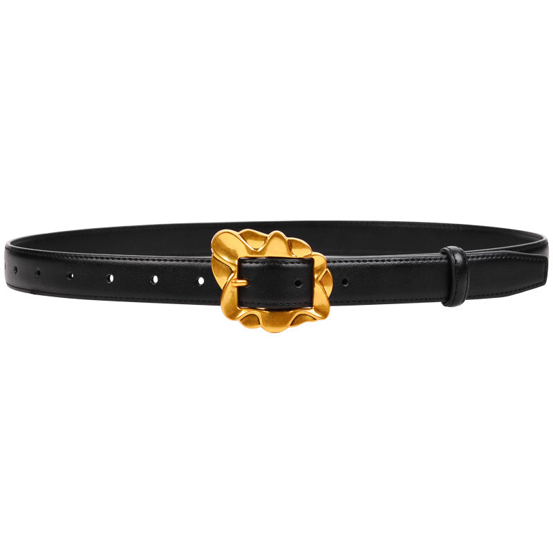 Black leather belt with a gold square buckle.