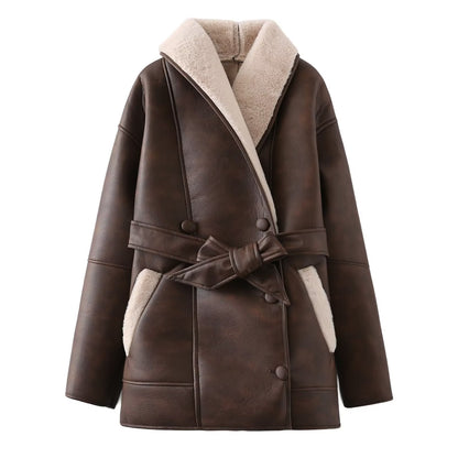 Shearling Coat - Womens Mid length Shearling Leather Belted Coat 