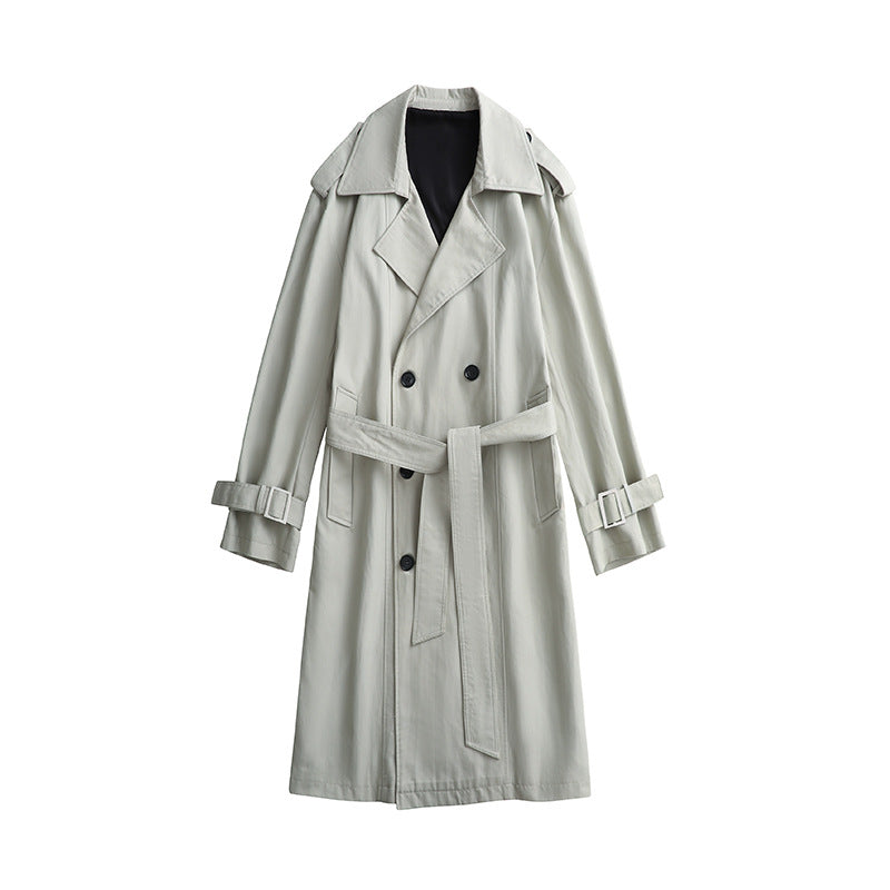 Mila Belted Trench Coat with double-breasted front and wide lapel collar in neutral color.